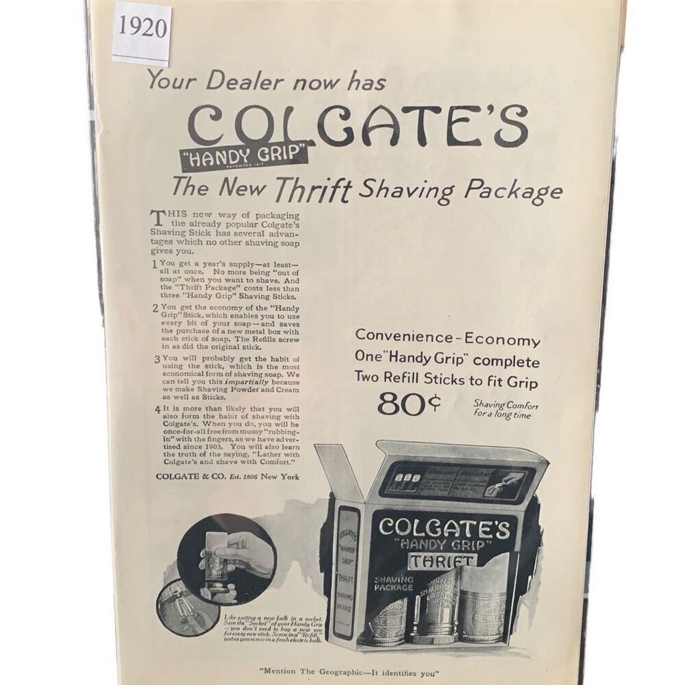 Vintage 1929 Colgate Handy Grip Thrift Shaving Package Ad Advertisement